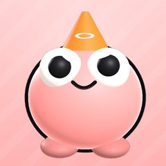 Moe, a coral Nukee in an orange traffic-cone hat, ready for the cameras.