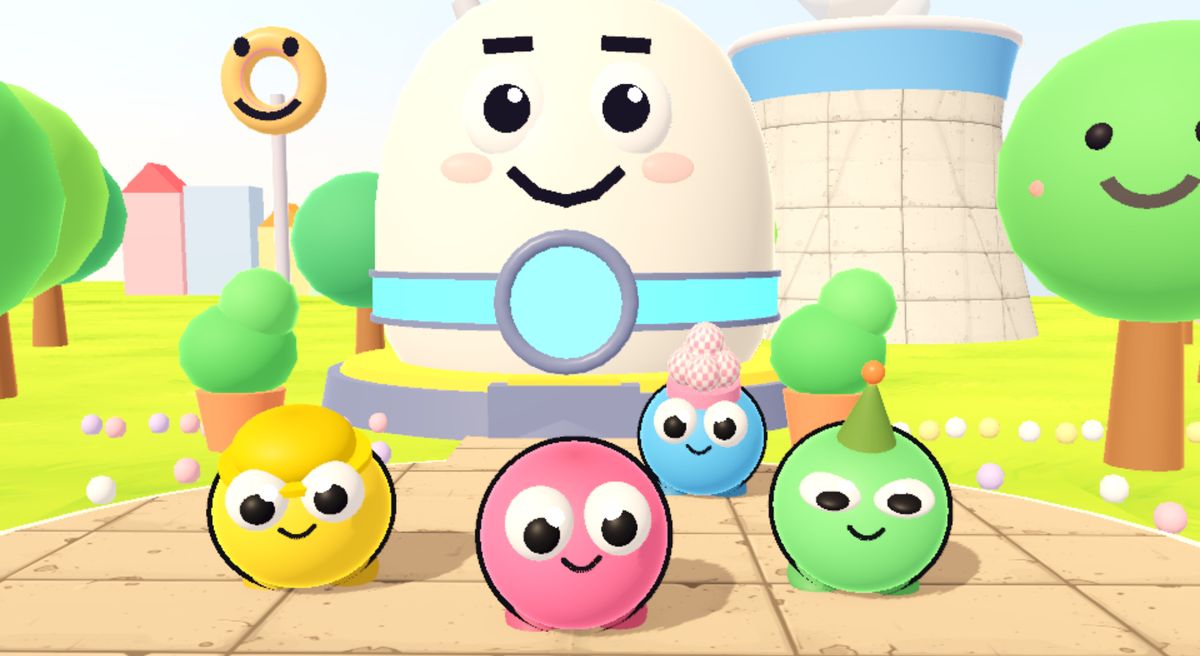 Four googly-eyed Nukeez in hats, standing in front of a smiling egg-shaped reactor.