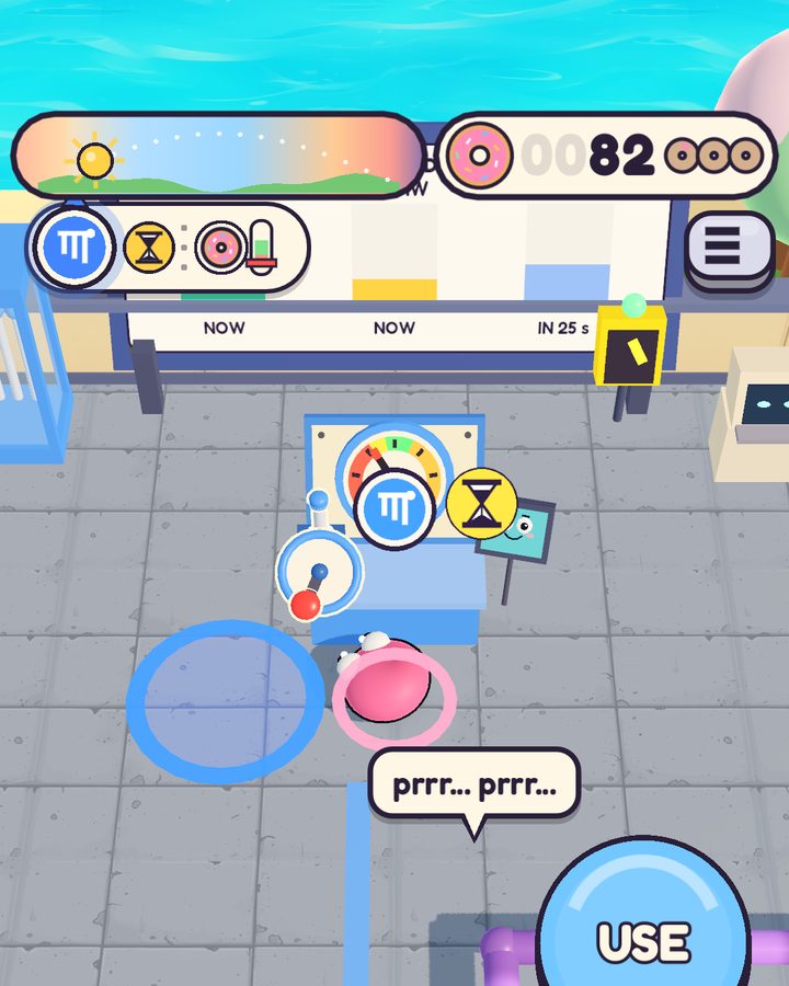 A pink Nukee at the control rods. Behind it, the order board shows what the plant is making, what the town wants now and the order coming in 25 seconds.