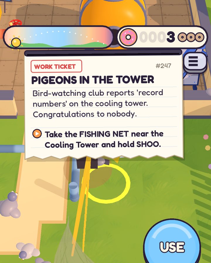 A work ticket reading Pigeons in the Tower, with a flock of pigeons gathering below the cooling tower.
