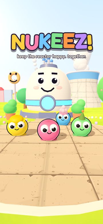 The title screen: the NUKEEZ! logo over four googly-eyed Nukeez in party hats, lined up in front of the smiling Kettle reactor.