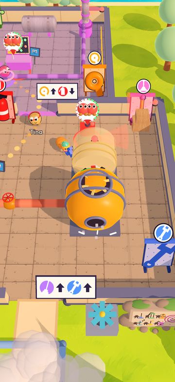 A shift seen from above: Nukeez hurry between a big orange turbine, pipes, valves and a tool rack, with picture signs showing which way to push each control.