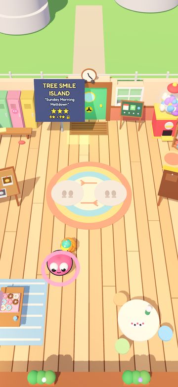 The Break Room: a pink Nukee on a wooden floor between lockers, a doughnut box, a capsule machine and a board showing Tree Smile Island's three stars.