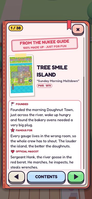 A page of the Reactor Library: the Nukee Guide's made-up fact sheet for Tree Smile Island, whose official mascot is Sergeant Honk, a goose in a red beret.