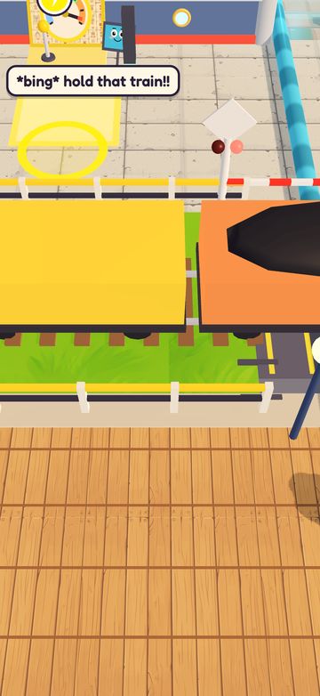 A freight train rolls through the plant while a speech bubble shouts: bing, hold that train!